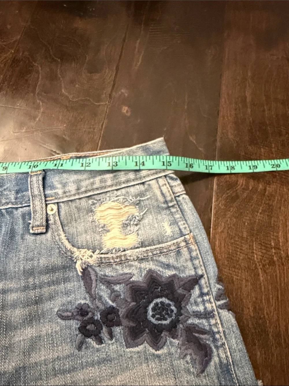 Abercrombie & Fitch Light Blue Distressed Denim Shorts with Floral Embroidery